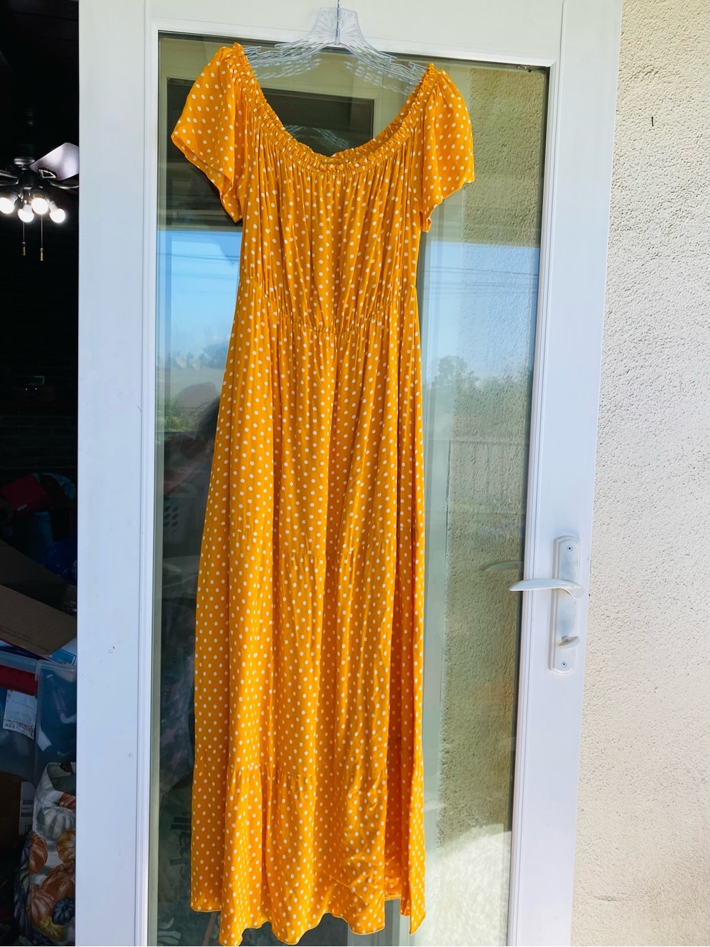 Unbranded Marigold Yellow Polka Dot Off Shoulder Tiered Maxi Dress L